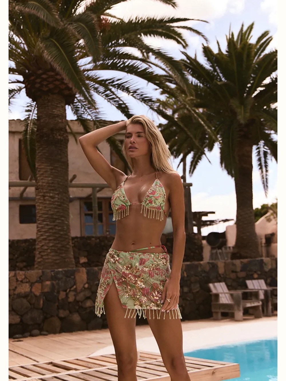 PrettyLittleThing Green Floral Fringe Bikini Set with Sarong